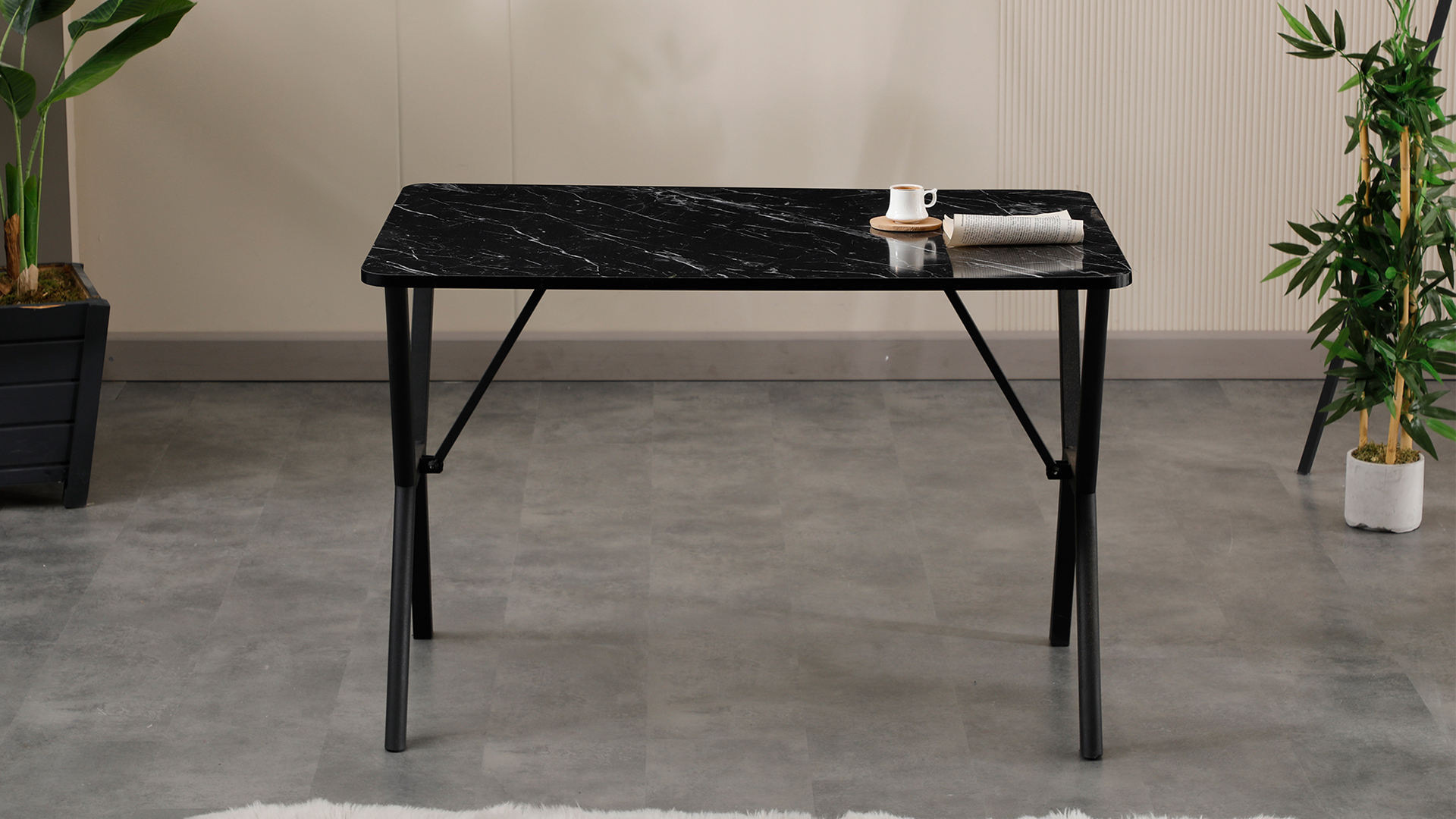 Dubai Modeli Mutfak Masa Takımı 4 Sandalye Keten Kumaş Bordo 1 Masa Siyah Mermer Desenli