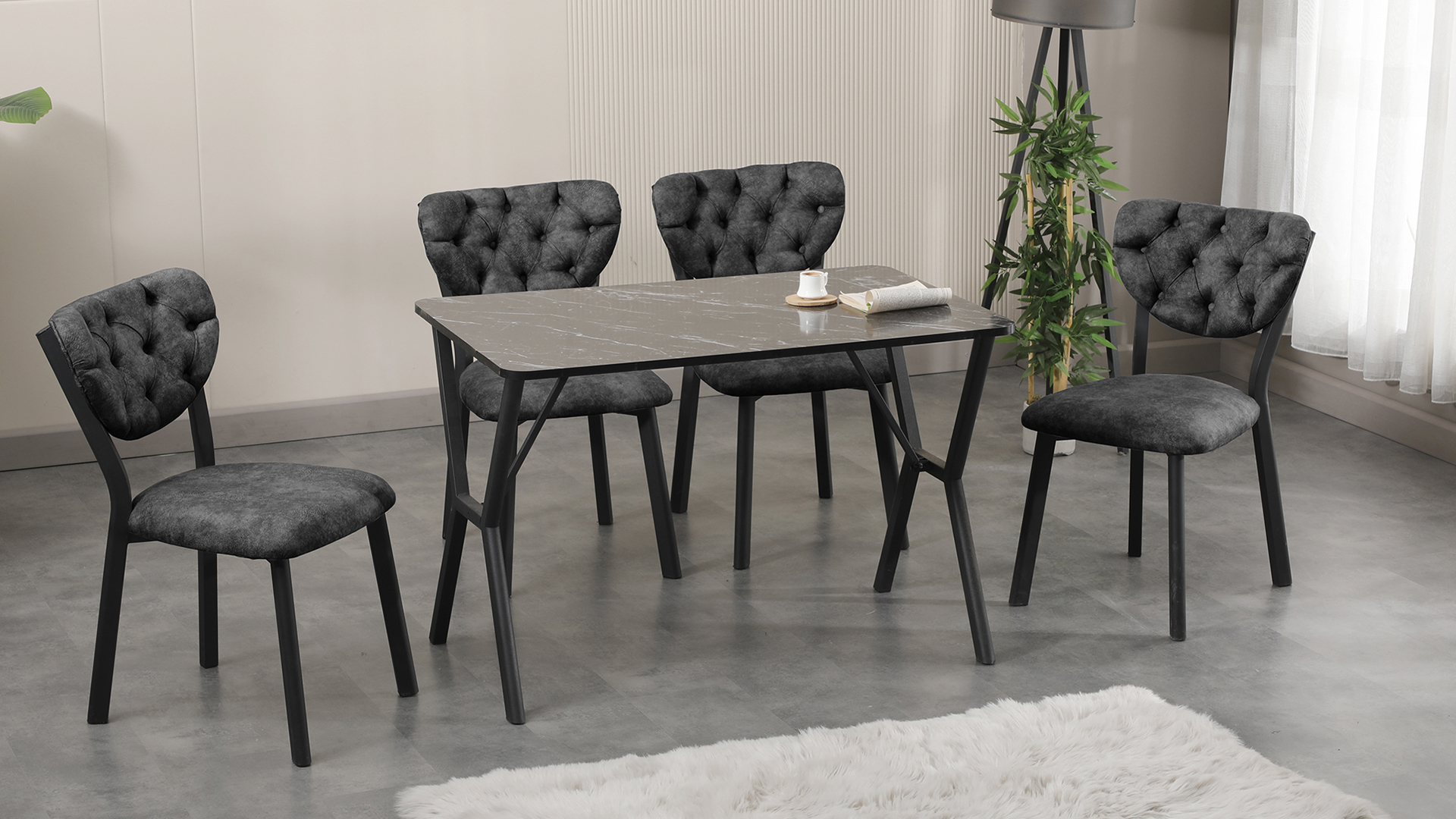 Elma Modeli Mutfak Masa Takımı 4 Sandalye  Füme  1 Masa Siyah Mermer