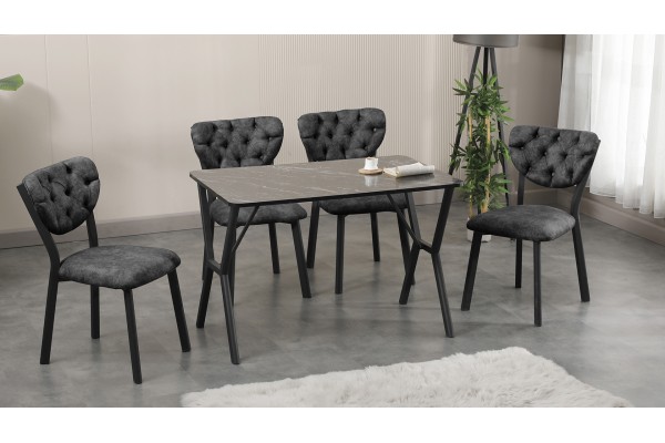 Elma Modeli Mutfak Masa Takımı 4 Kişilik 4 Sandalye 1 Masa 70x110 cm Siyah Mermer Desenli Nubuk Kumaş Füme