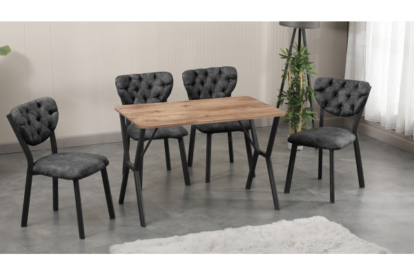 Elma Modeli Mutfak Masa Takımı 4 Kişilik 4 Sandalye 1 Masa 70x110 cm Ceviz Nubuk Kumaş Füme