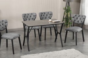 Elma 4 Sandalyeli Masa Takımı Gri Siyah Mermer
