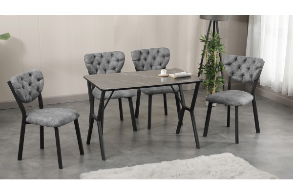 Elma Modeli Mutfak Masa Takımı 4 Kişilik 4 Sandalye 1 Masa 70x110 cm Siyah Mermer Desenli Nubuk Kumaş Gri