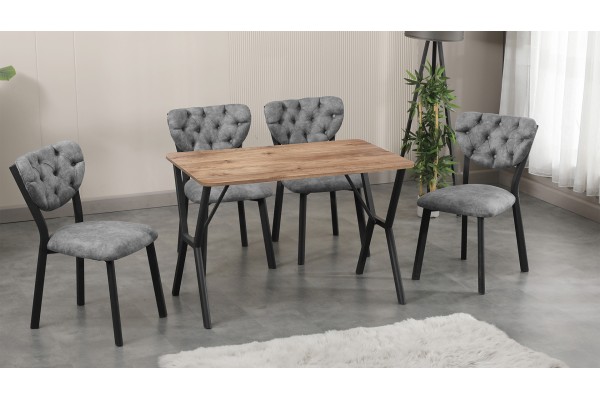 Elma Modeli Mutfak Masa Takımı 4 Kişilik 4 Sandalye 1 Masa 70x110 cm Ceviz Nubuk Kumaş Gri