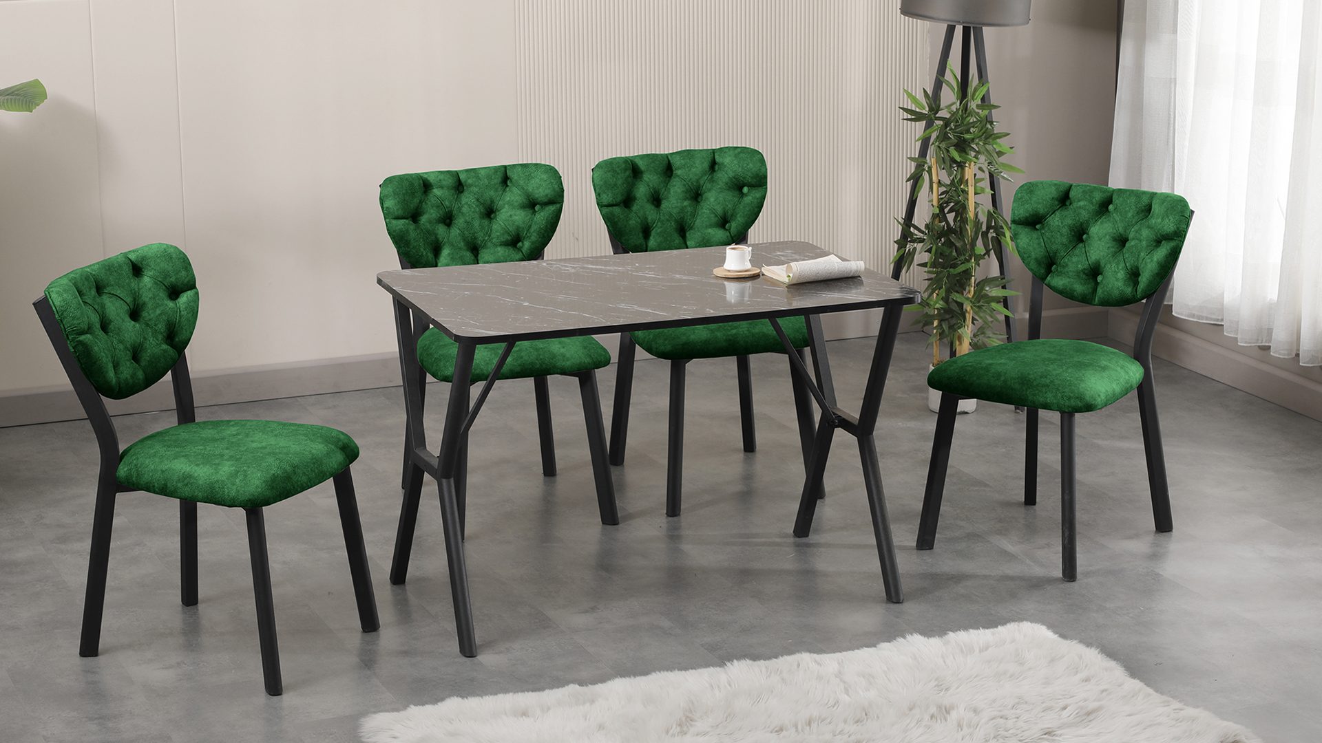 Elma Modeli Mutfak Masa Takımı 4 Sandalye  Yeşil 1 Masa Siyah Mermer