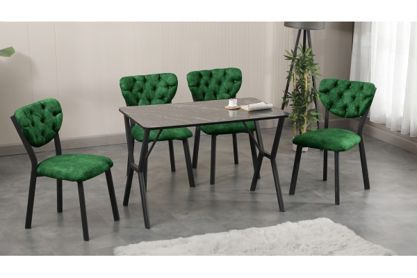 Elma Modeli Mutfak Masa Takımı 4 Kişilik 4 Sandalye 1 Masa 70x110 cm Siyah Mermer Desenli Nubuk Kumaş Yeşil
