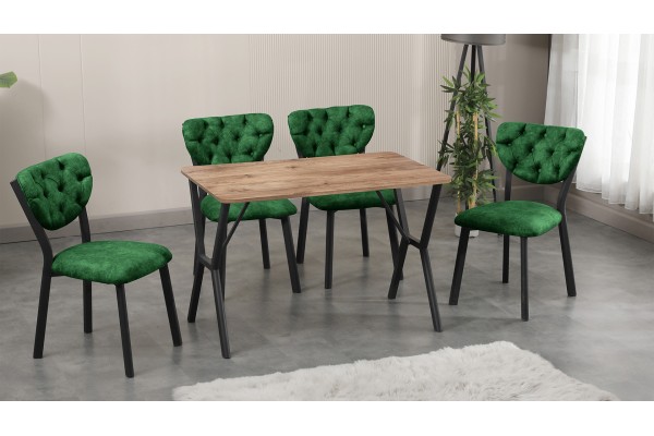 Elma Modeli Mutfak Masa Takımı 4 Kişilik 4 Sandalye 1 Masa 70x110 cm Ceviz Nubuk Kumaş Yeşil