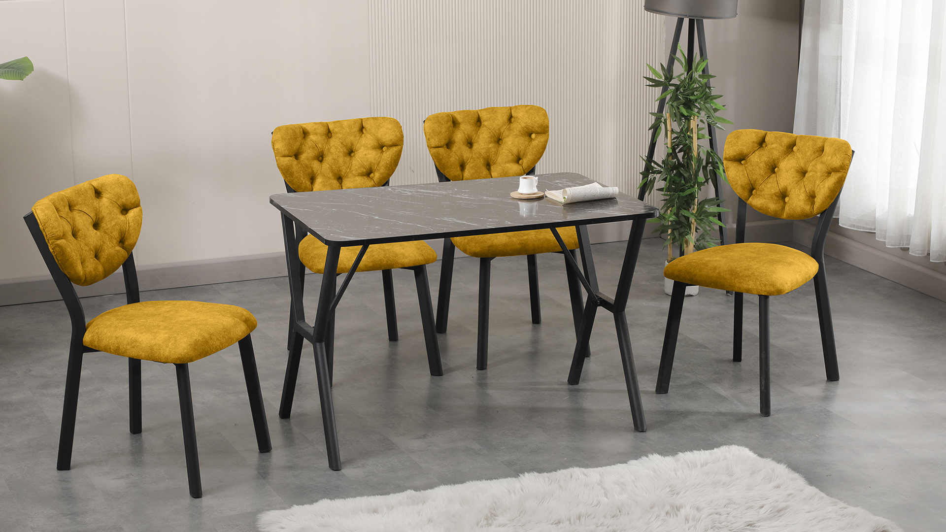 Elma Modeli Mutfak Masa Takımı 4 Sandalye  Sarı 1 Masa Siyah Mermer