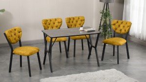 Elma Modeli Mutfak Masa Takımı 4 Sandalye  Sarı 1 Masa Siyah Mermer