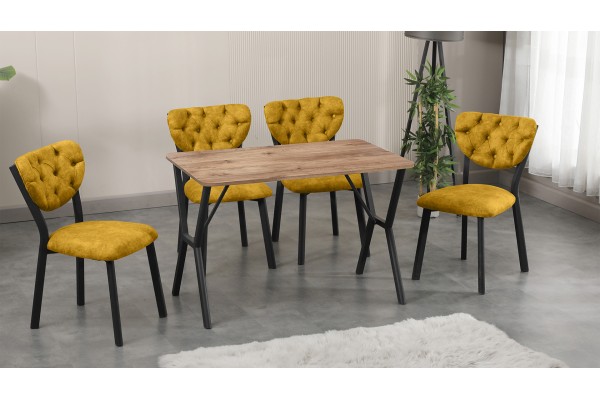 Elma Modeli Mutfak Masa Takımı 4 Kişilik 4 Sandalye 1 Masa 70x110 cm Ceviz Nubuk Kumaş Sarı