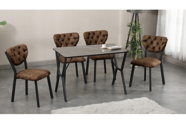 Elma Modeli Mutfak Masa Takımı 4 Kişilik 4 Sandalye 1 Masa 70x110 cm Siyah Mermer Desenli Nubuk Kumaş Kahve