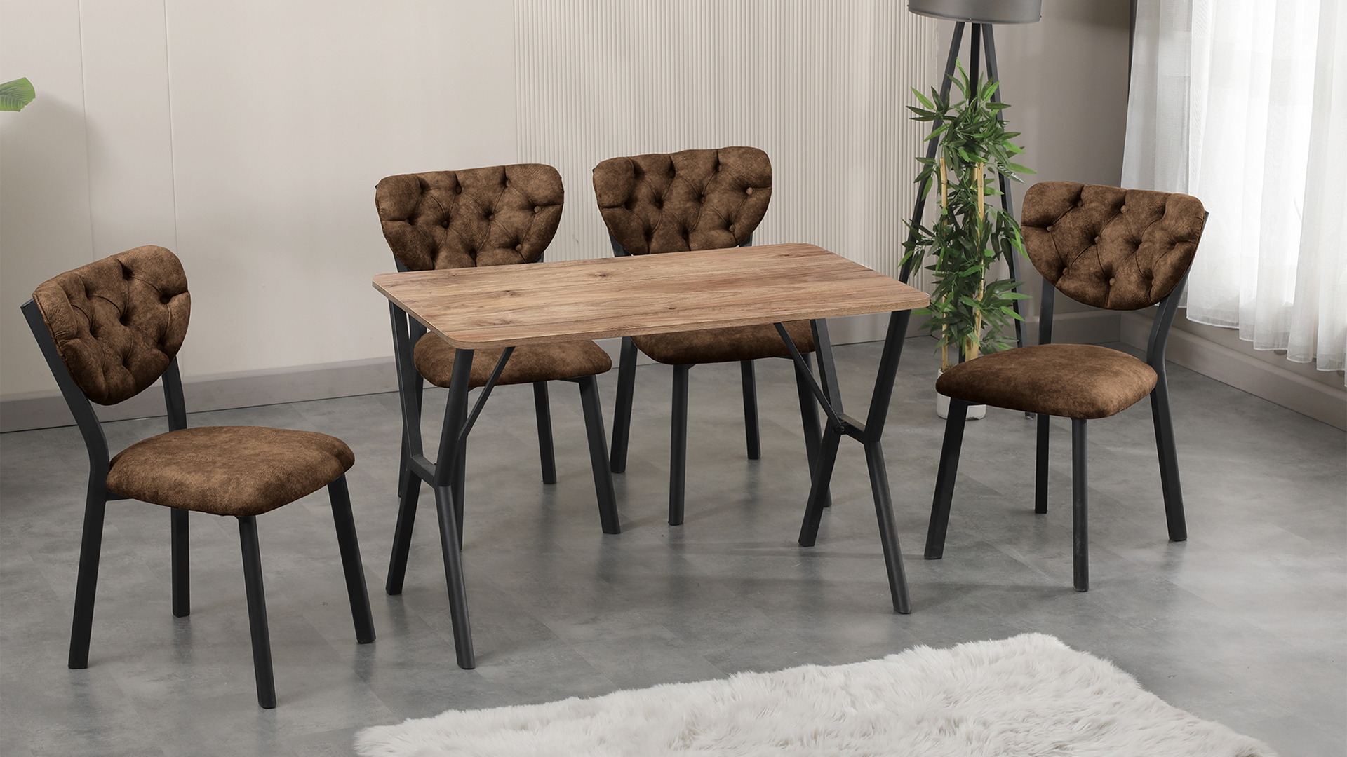 Elma Modeli Mutfak Masa Takımı 4 Sandalye  Kahve 1 Masa Ceviz