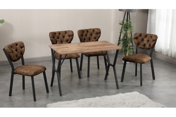 Elma Modeli Mutfak Masa Takımı 4 Kişilik 4 Sandalye 1 Masa 70x110 cm Ceviz Nubuk Kumaş Kahve