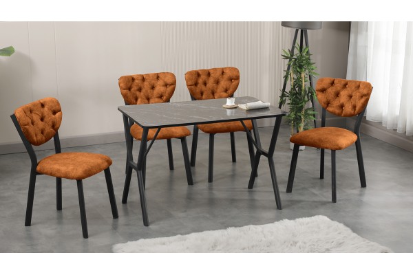 Elma Modeli Mutfak Masa Takımı 4 Kişilik 4 Sandalye 1 Masa 70x110 cm Siyah Mermer Desenli Nubuk Kumaş Kiremit