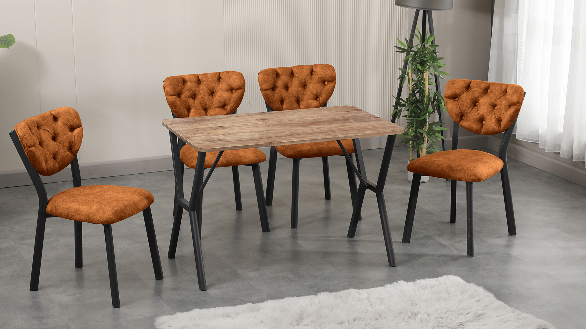 Elma Modeli Mutfak Masa Takımı 4 Sandalye  Kiremit ,1 Masa Ceviz