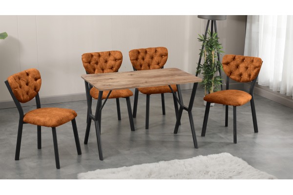 Elma Modeli Mutfak Masa Takımı 4 Kişilik 4 Sandalye 1 Masa 70x110 cm Ceviz Nubuk Kumaş Kiremit