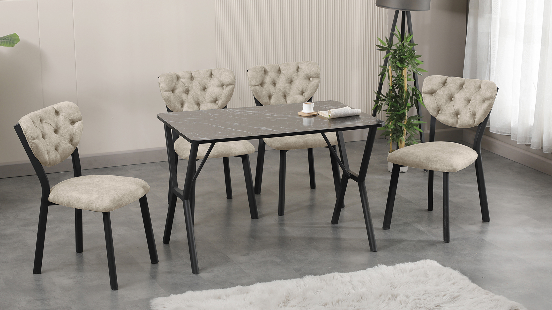 Elma Modeli Mutfak Masa Takımı 4 Sandalye  Krem 1 Masa Siyah Mermer