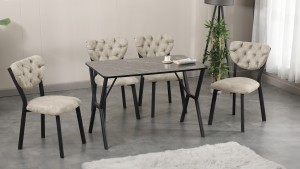Elma Modeli Mutfak Masa Takımı 4 Sandalye  Krem 1 Masa Siyah Mermer
