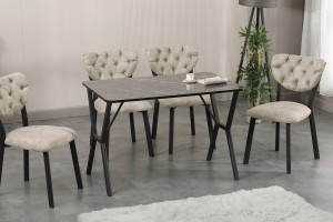 Elma 4 Sandalyeli Masa Takımı Krem Siyah Merme