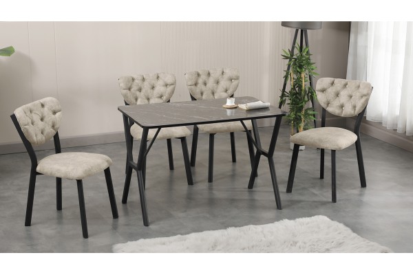Elma Modeli Mutfak Masa Takımı 4 Kişilik 4 Sandalye 1 Masa 70x110 cm Siyah Mermer Desenli Nubuk Kumaş Krem