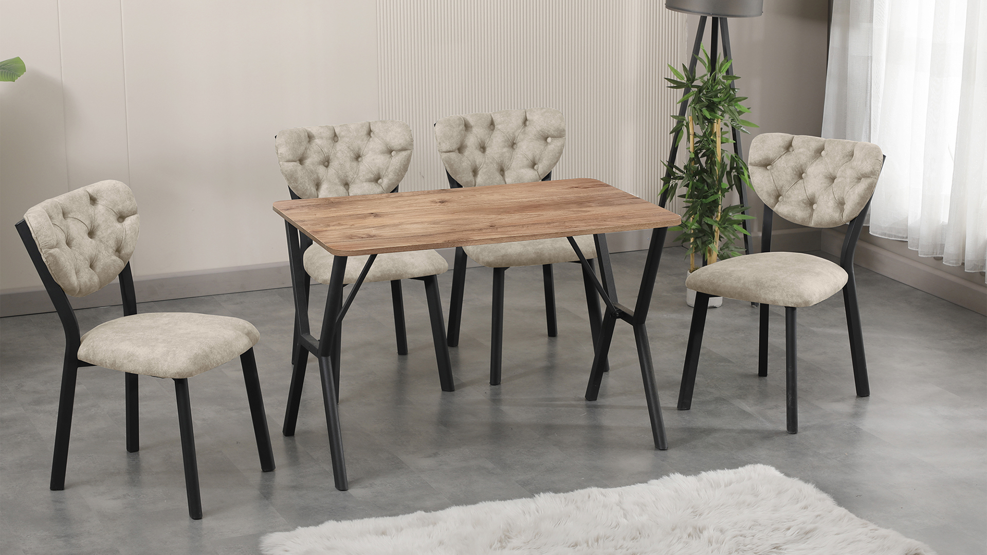 Elma Modeli Mutfak Masa Takımı 4 Sandalye  Krem 1 Masa Ceviz