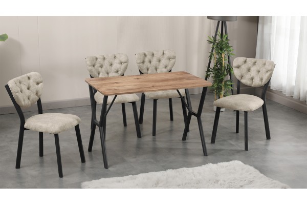 Elma Modeli Mutfak Masa Takımı 4 Kişilik 4 Sandalye 1 Masa 70x110 cm Ceviz Nubuk Kumaş Krem