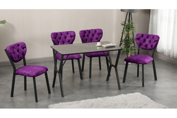 Elma Modeli Mutfak Masa Takımı 4 Kişilik 4 Sandalye 1 Masa 70x110 cm Siyah Mermer Desenli Nubuk Kumaş Mürdüm