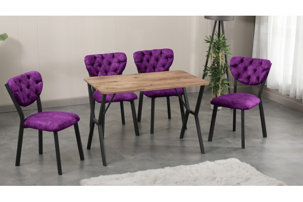 Elma Modeli Mutfak Masa Takımı 4 Kişilik 4 Sandalye 1 Masa 70x110 cm Ceviz Nubuk Kumaş Mürdüm