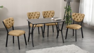 Elma Modeli Mutfak Masa Takımı 4 Sandalye  Sütlü Kahve 1 Masa Siyah Mermer