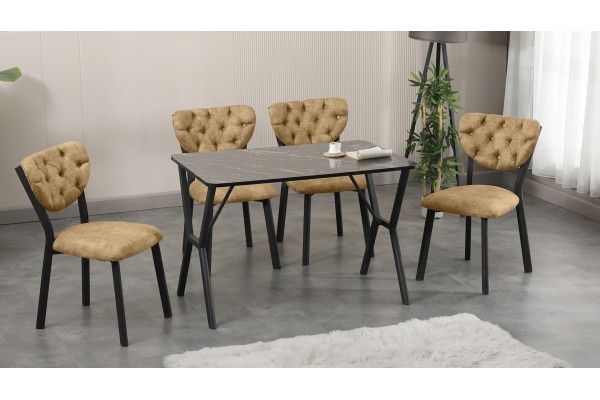 Elma Modeli Mutfak Masa Takımı 4 Kişilik 4 Sandalye 1 Masa 70x110 cm Siyah Mermer Desenli Nubuk Kumaş Sütlü Kahve