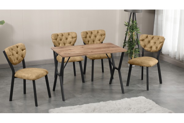 Elma Modeli Mutfak Masa Takımı 4 Kişilik 4 Sandalye 1 Masa 70x110 cm Ceviz Nubuk Kumaş Kahve