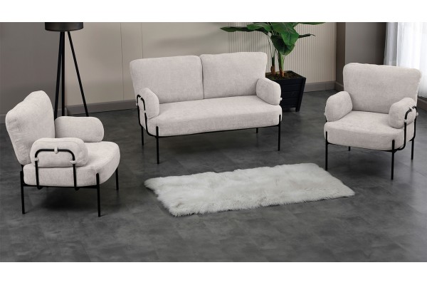 Hermes Bahçe Koltuk Takımı Gri – 2+1+1 Teddy Bukle Kumaş Metal Koltuk Takımı Krem