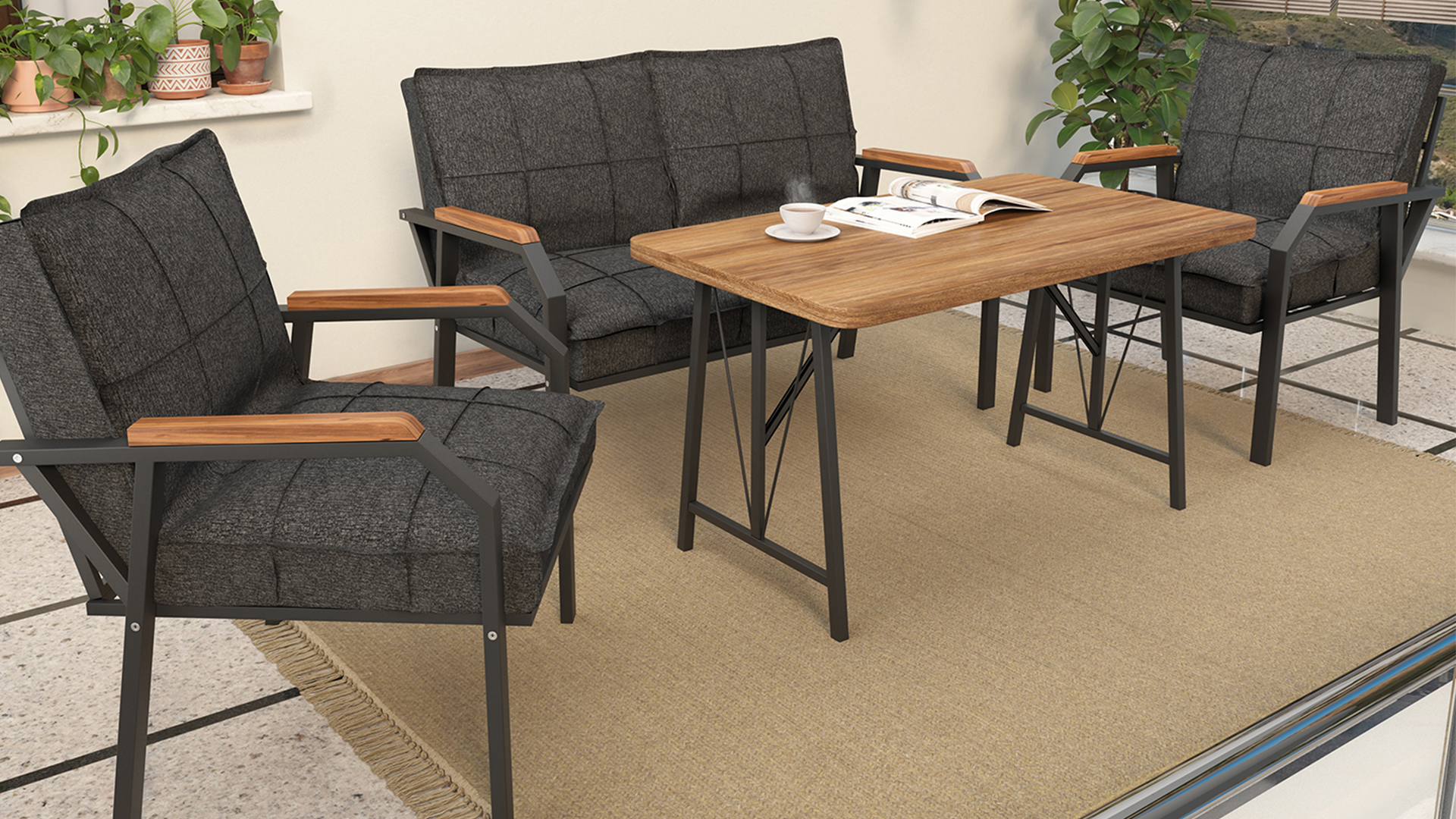 Berlin Balkon,Bahçe,Cafe - Metal Kanepe Koltuk Takımı  2 1 1 Füme Antarasit Masalı