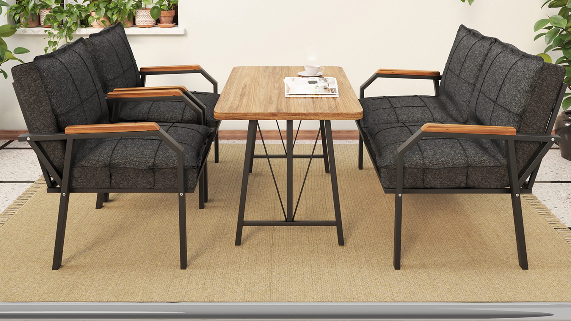 Berlin Balkon,Bahçe,Cafe - Metal Kanepe Koltuk Takımı  2 1 1 Füme Antarasit Masalı