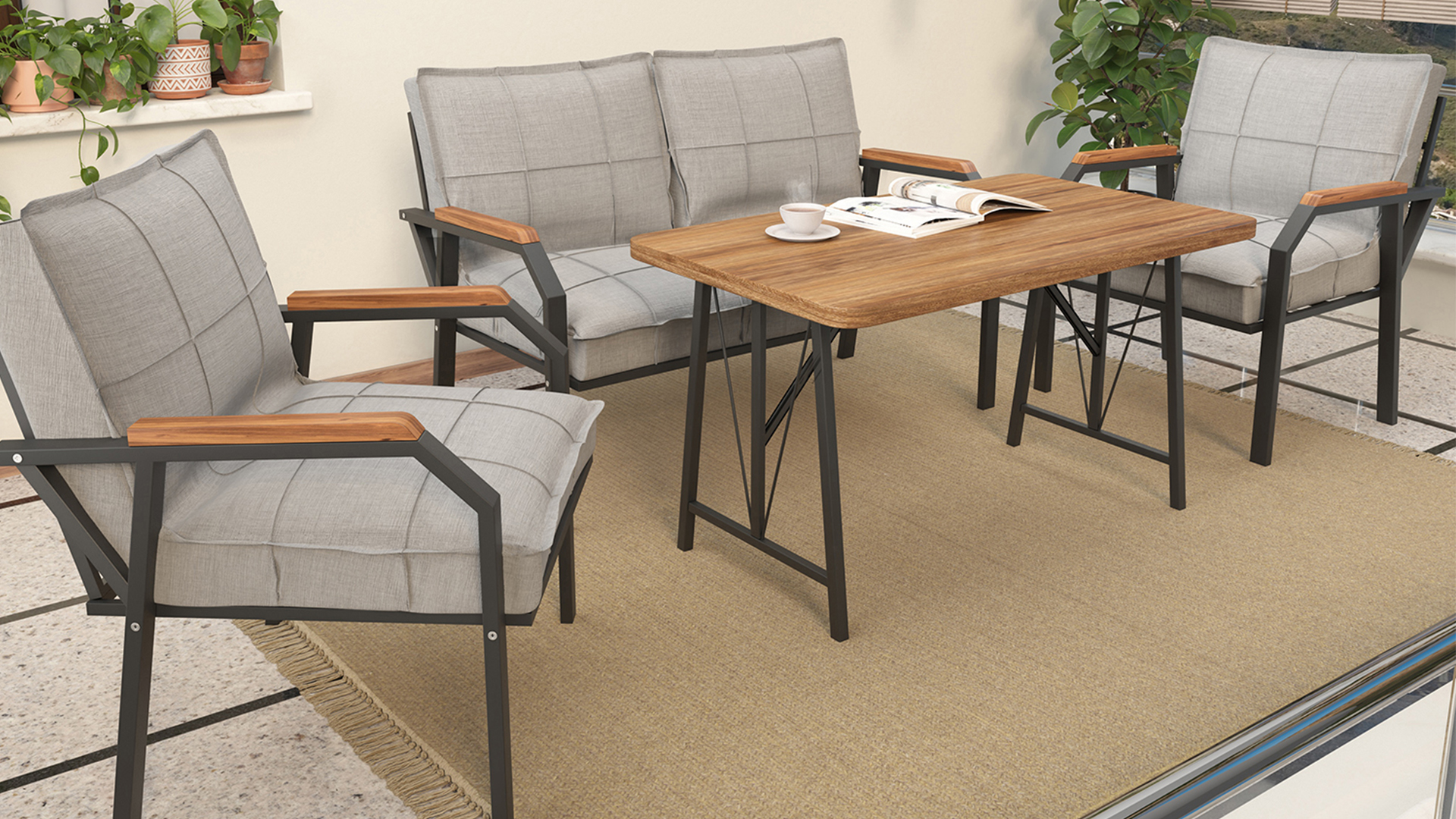 Berlin Balkon,Bahçe,Cafe - Metal Kanepe Koltuk Takımı  2 1 1 Gri  Masalı