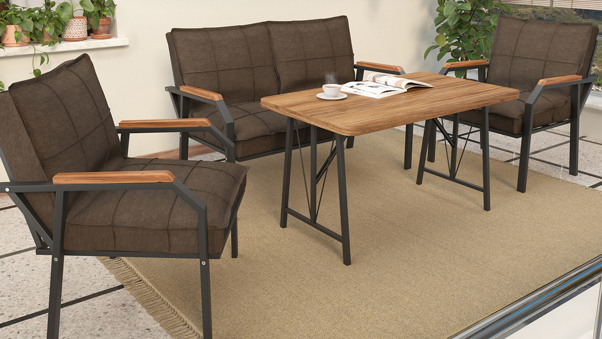 Berlin Balkon,Bahçe,Cafe - Metal Kanepe Koltuk Takımı  2 1 1 Kahve Masalı