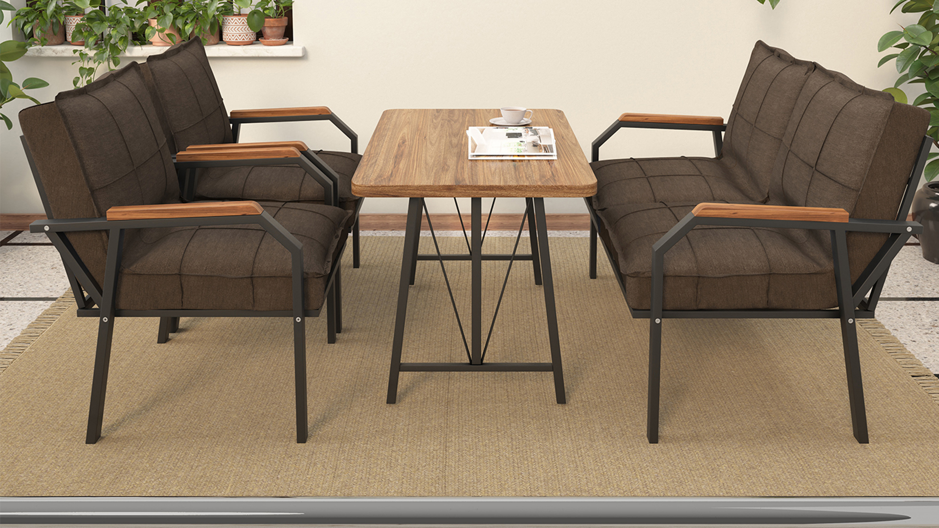 Berlin Balkon,Bahçe,Cafe - Metal Kanepe Koltuk Takımı  2 1 1 Kahve Masalı