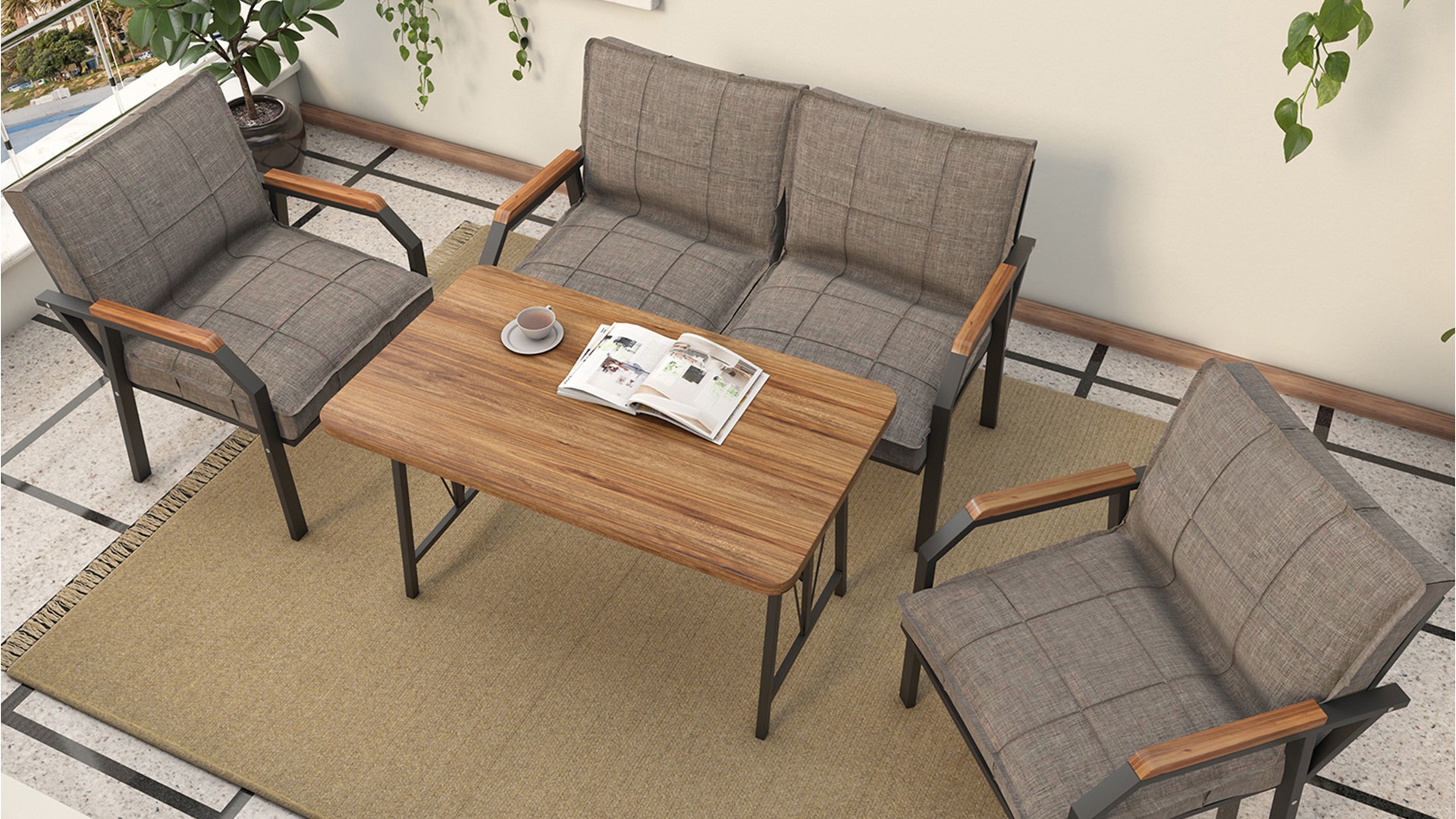 Berlin Balkon,Bahçe,Cafe - Metal Kanepe Koltuk Takımı  2 1 1 Kapiçino Masalı