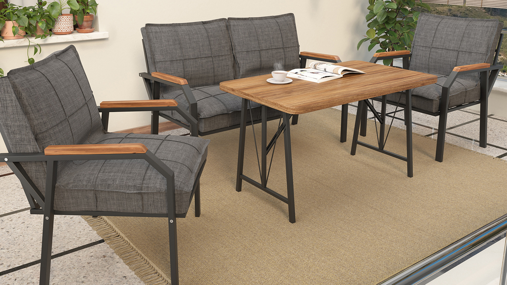 Berlin Balkon,Bahçe,Cafe - Metal Kanepe Koltuk Takımı  2 1 1 Koyu Gri Masalı