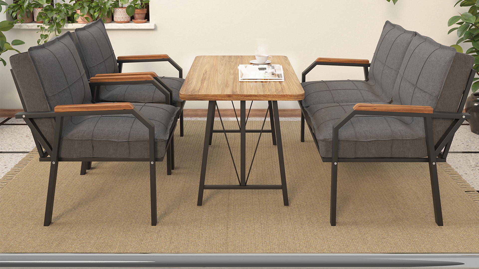 Berlin Balkon,Bahçe,Cafe - Metal Kanepe Koltuk Takımı  2 1 1 Koyu Gri Masalı