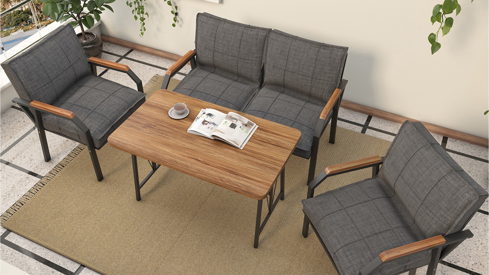 Berlin Balkon,Bahçe,Cafe - Metal Kanepe Koltuk Takımı  2 1 1 Koyu Gri Masalı