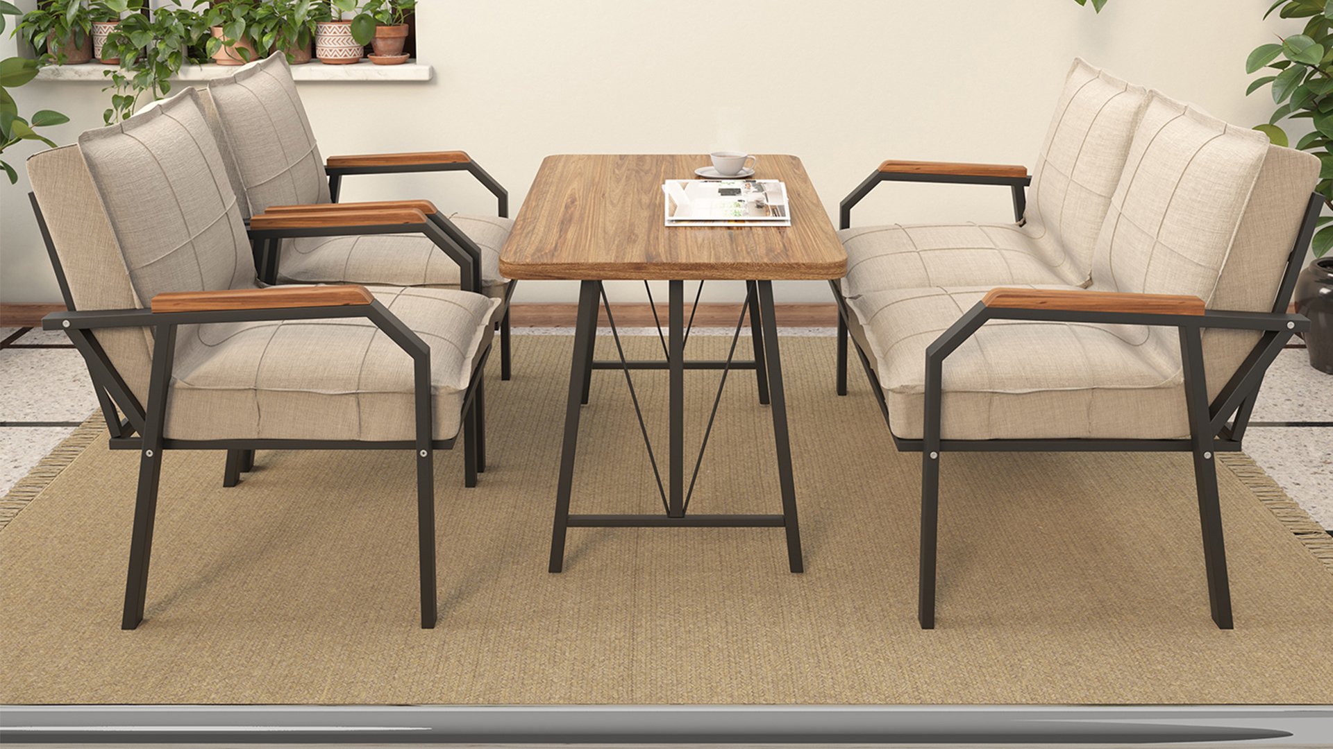 Berlin Balkon,Bahçe,Cafe - Metal Kanepe Koltuk Takımı  2 1 1 Krem Masalı