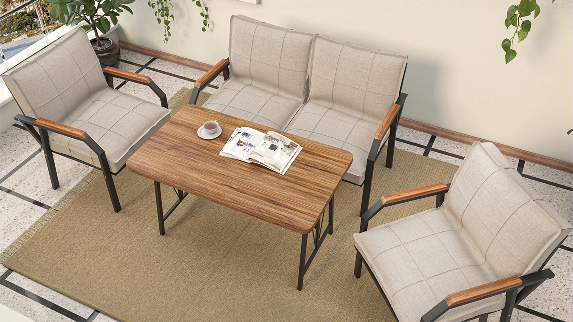 Berlin Balkon,Bahçe,Cafe - Metal Kanepe Koltuk Takımı  2 1 1 Krem Masalı