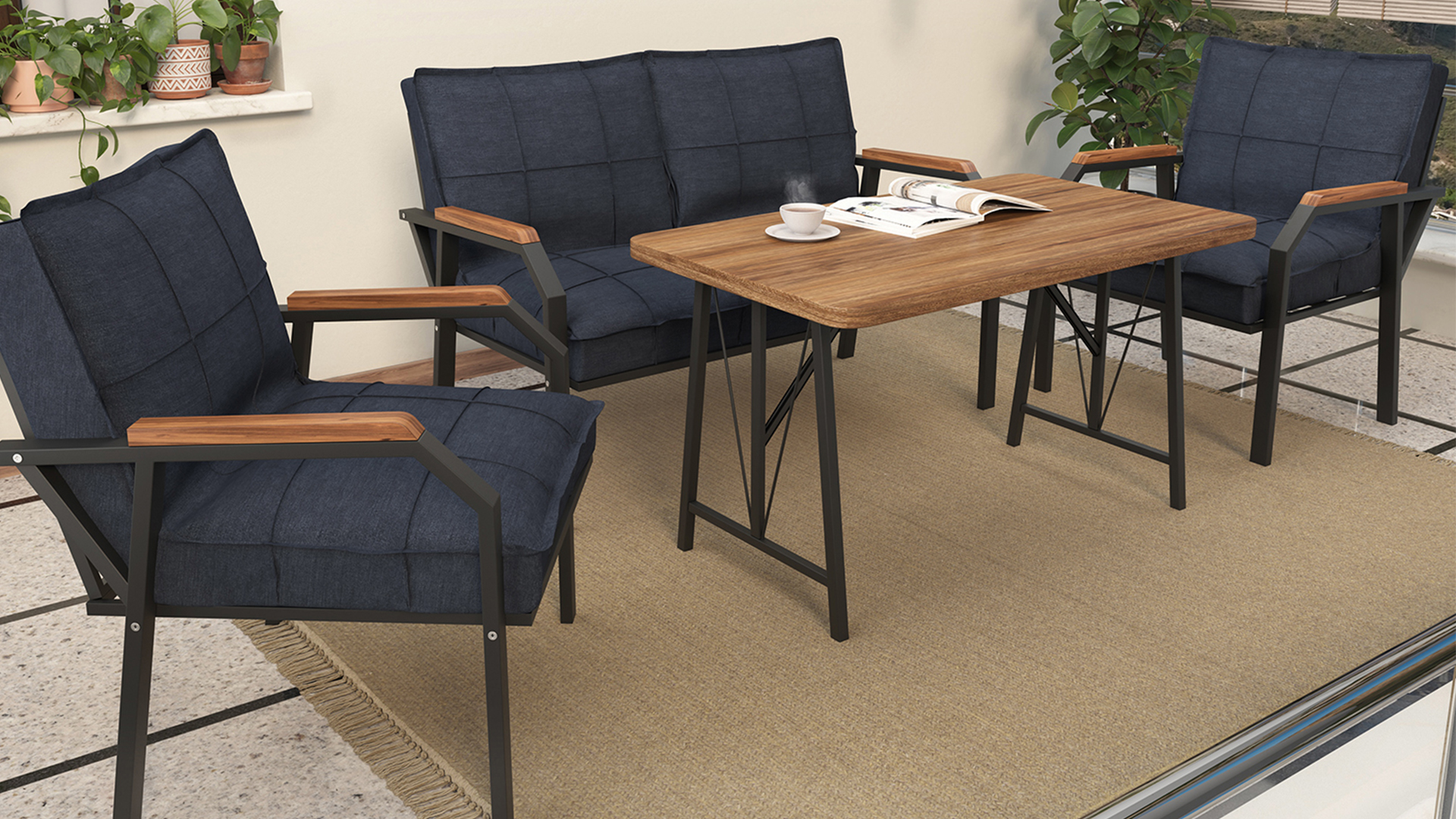 Berlin Balkon,Bahçe,Cafe - Metal Kanepe Koltuk Takımı  2 1 1 Lacivert Masalı