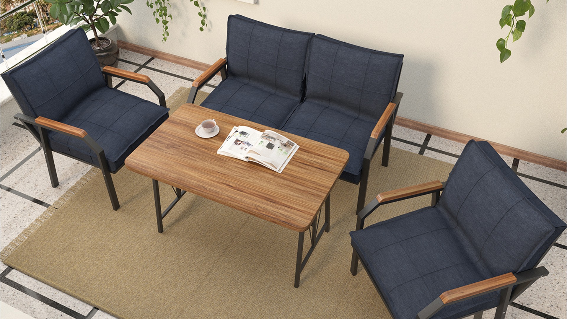 Berlin Balkon,Bahçe,Cafe - Metal Kanepe Koltuk Takımı  2 1 1 Lacivert Masalı