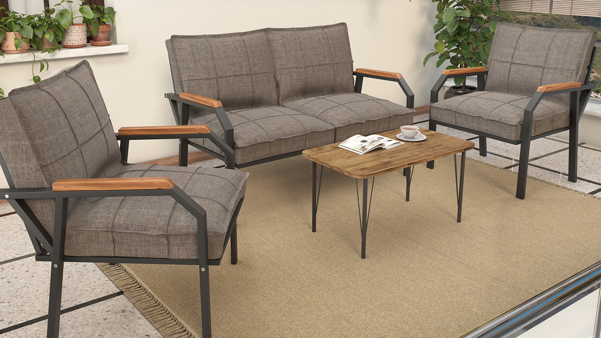 Berlin Balkon,Bahçe,Cafe - Metal Kanepe Koltuk Takımı  2 1 1 Kapiçino Sehpalı