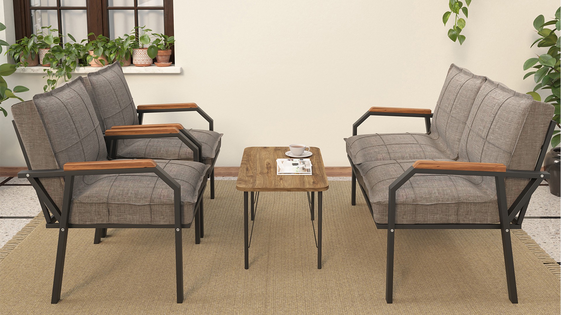 Berlin Balkon,Bahçe,Cafe - Metal Kanepe Koltuk Takımı  2 1 1 Kapiçino Sehpalı