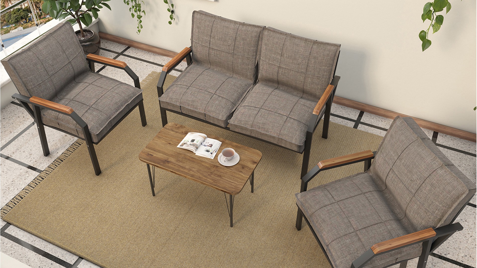 Berlin Balkon,Bahçe,Cafe - Metal Kanepe Koltuk Takımı  2 1 1 Kapiçino Sehpalı