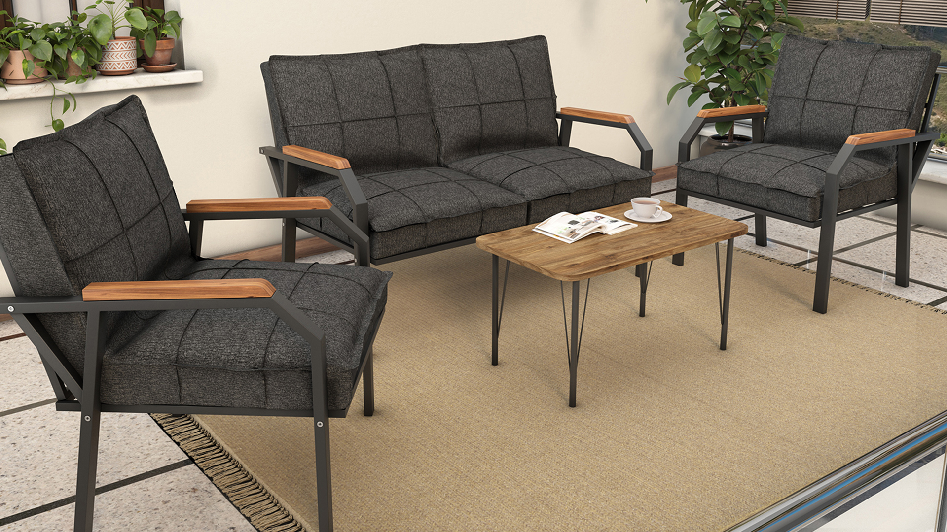 Berlin Balkon,Bahçe,Cafe - Metal Kanepe Koltuk Takımı  2 1 1 Füme Antarasit Sehpalı