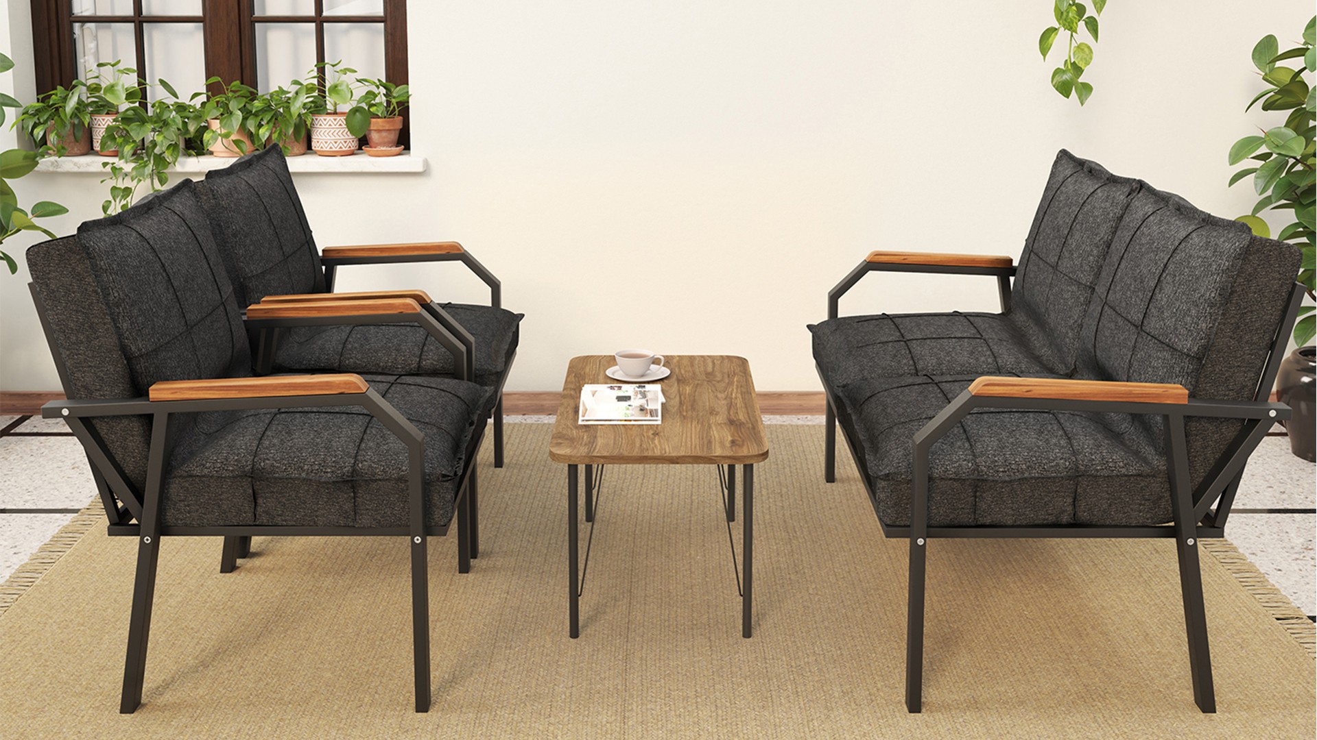 Berlin Balkon,Bahçe,Cafe - Metal Kanepe Koltuk Takımı  2 1 1 Füme Antarasit Sehpalı