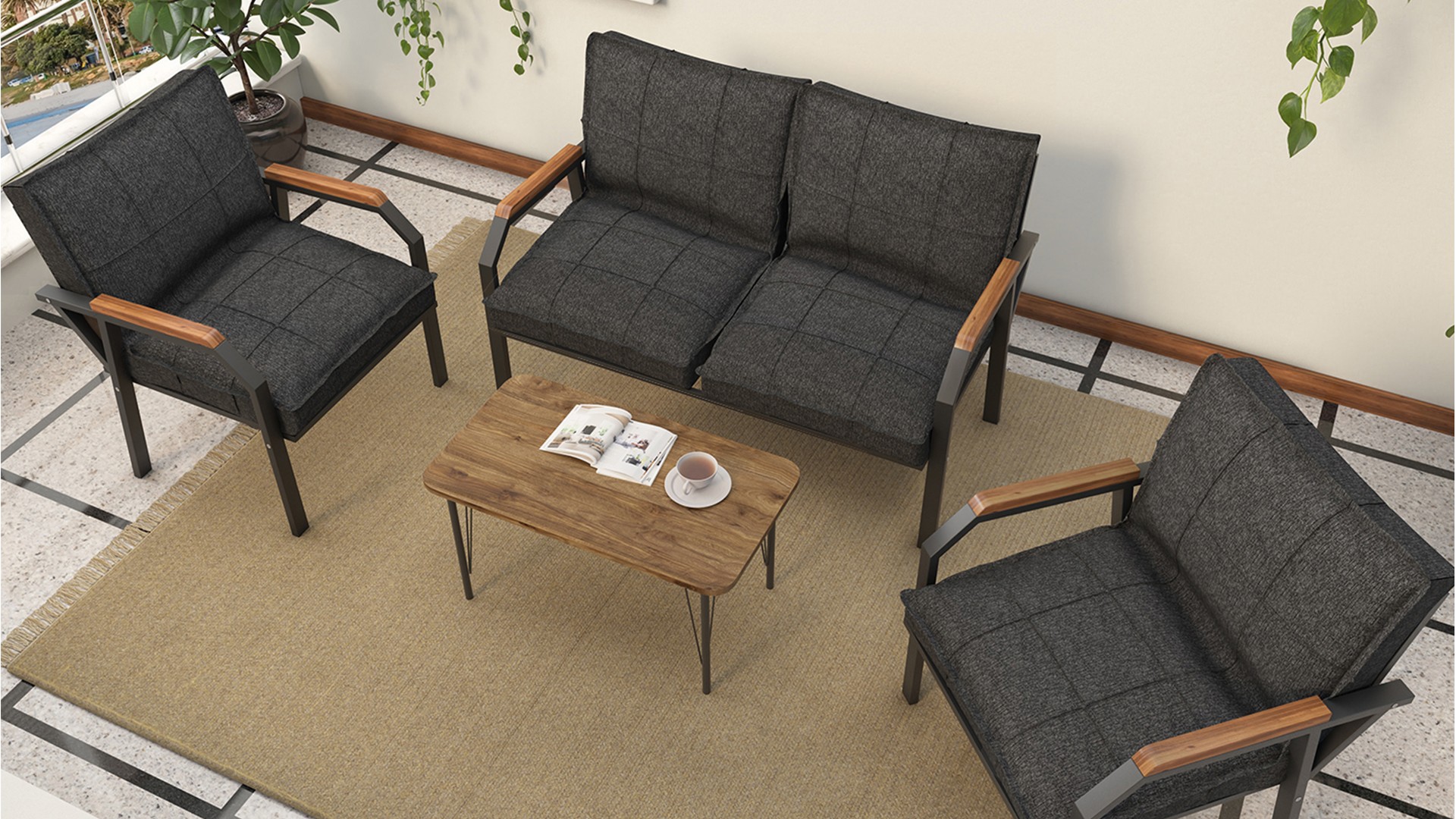 Berlin Balkon,Bahçe,Cafe - Metal Kanepe Koltuk Takımı  2 1 1 Füme Antarasit Sehpalı